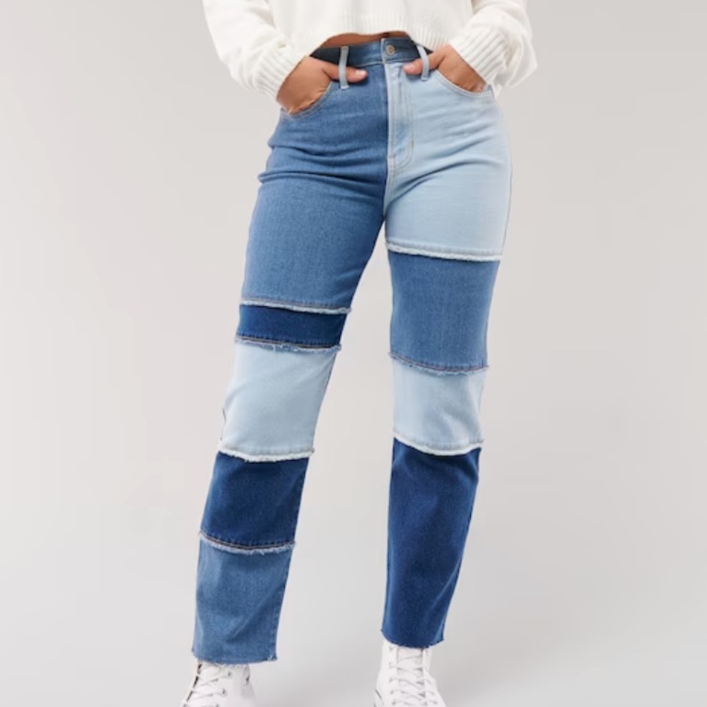 Hollister VINTAGE ULTRA HIGH-RISE MEDIUM WASH PATCHWORK ANKLE STRAIGHT JEANS
